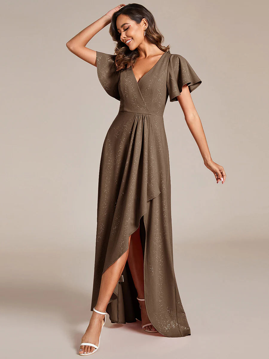 Shiny Tea Length Split Wholesale Evening Dresses With Ruffle Sleeves