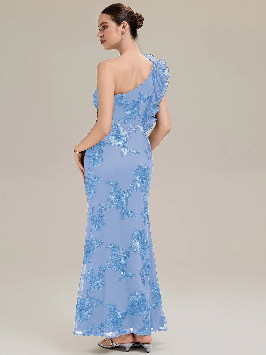 Custom Made One Shoulder Sleeveless Floral Jacquard Fishtail Evening Dresses