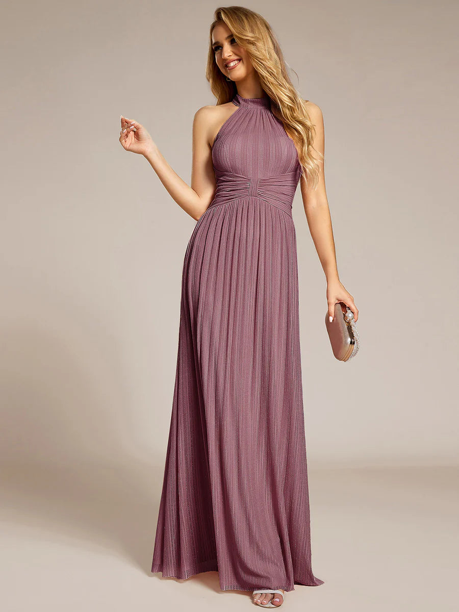 Glittery Halter Neck Pleated Formal Wholesale Evening Dress