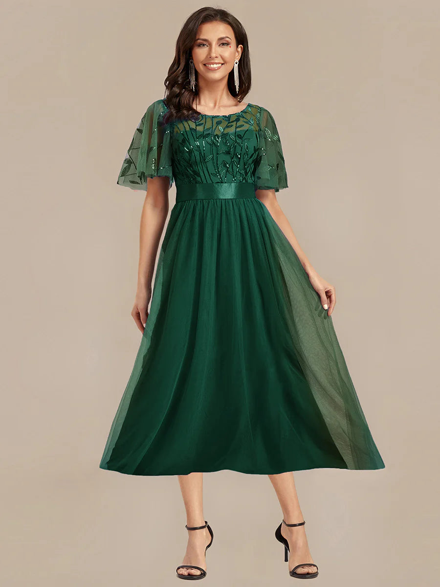 Bulk Order | Plus Size Fit A-Line Deep V-Neck Evening Gown | Ruffled Short Sleeve Midi Dress