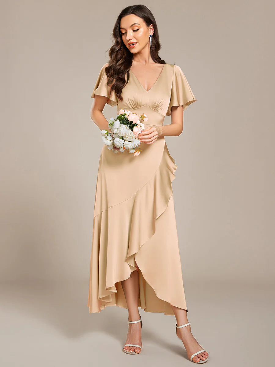 Short Sleeve Ruffled V-Neck Asymmetrical Hem Midi Bridesmaid Dress