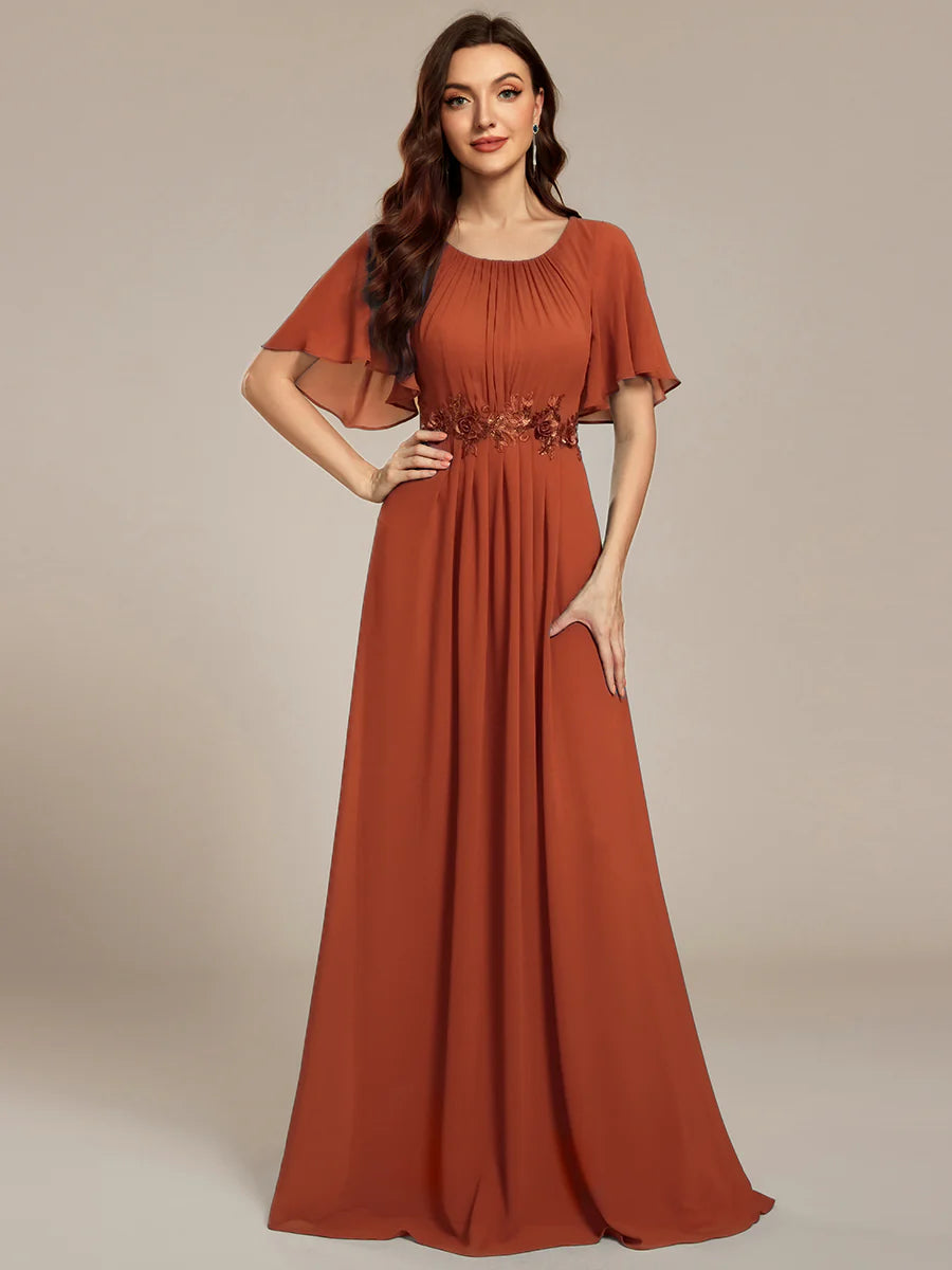 Short Sleeves Pleated Applique A-Line Floor-Length Formal Evening Dress
