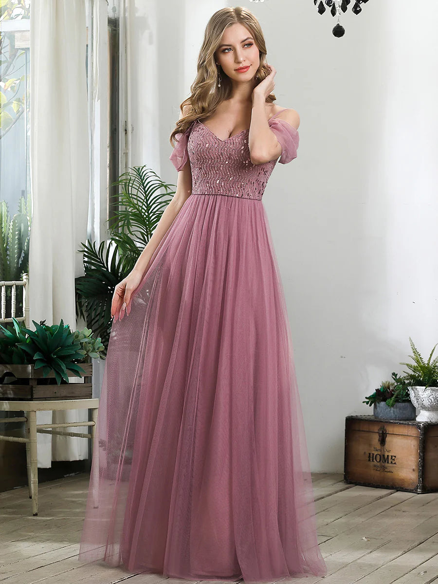 A-Line Sweetheart Neckline Ruffle Sleeve Tulle Wholesale Bridesmaid Dress