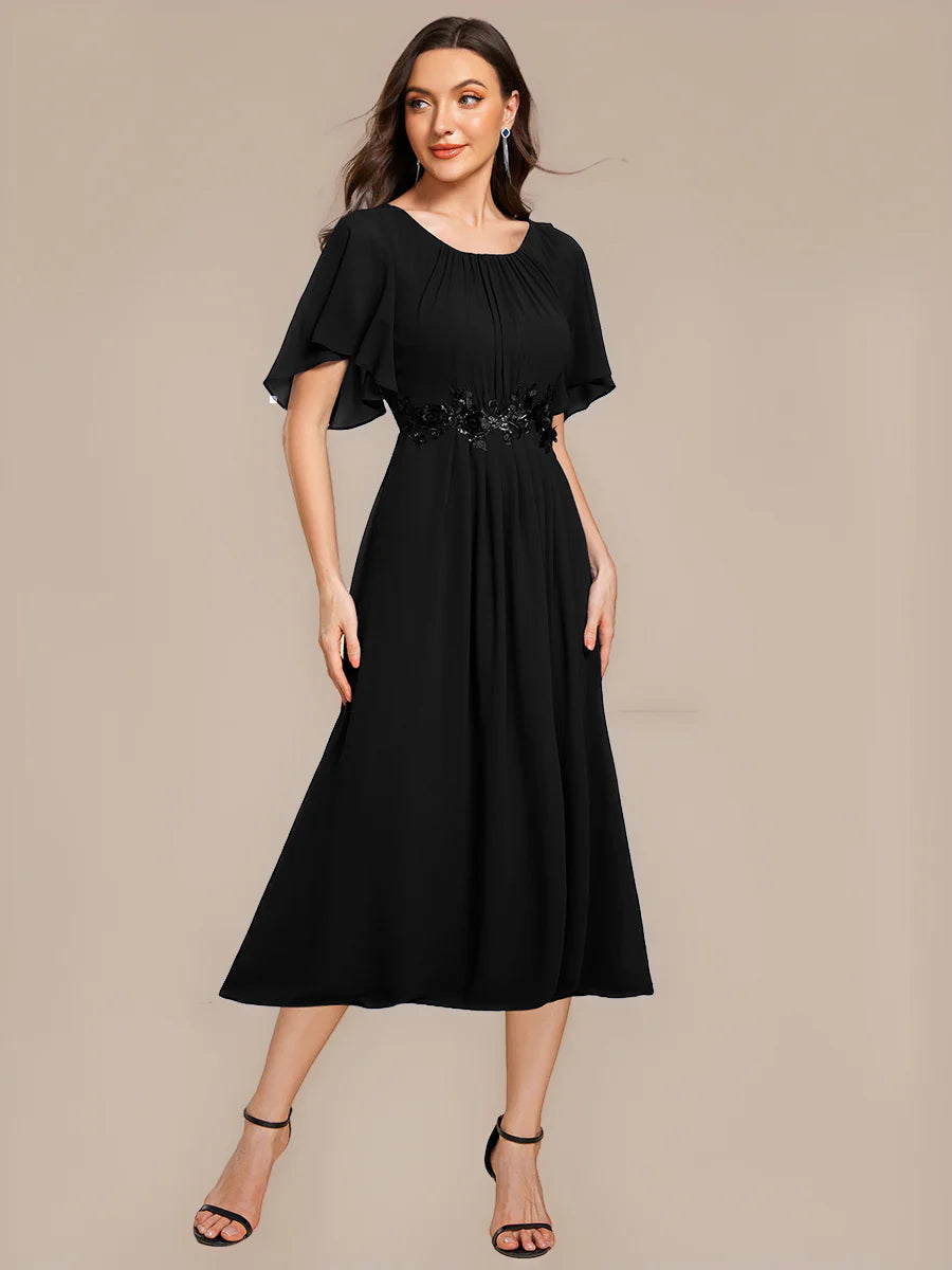 Commercial Wholesale Short Sleeve Ruffle A-Line Midi Dress with Floral Appliques Evening Dresses