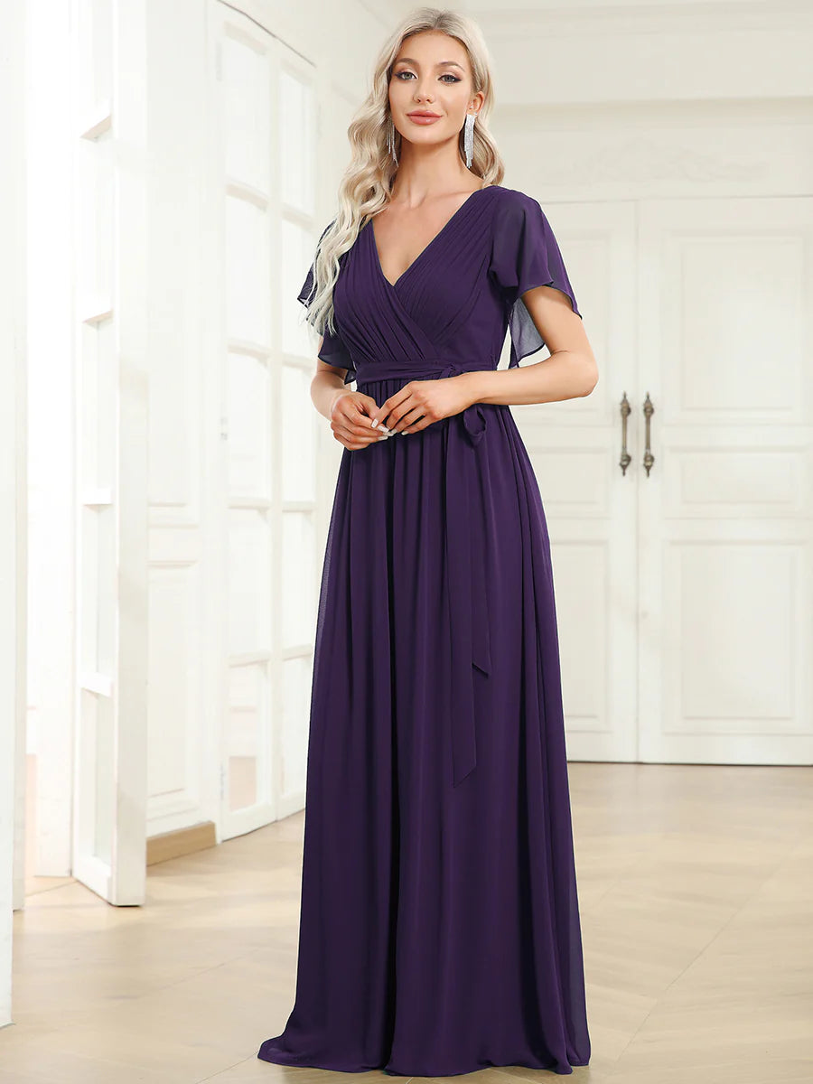 A Line Wholesale Evening Dresses with Deep V Neck Ruffles Sleeves