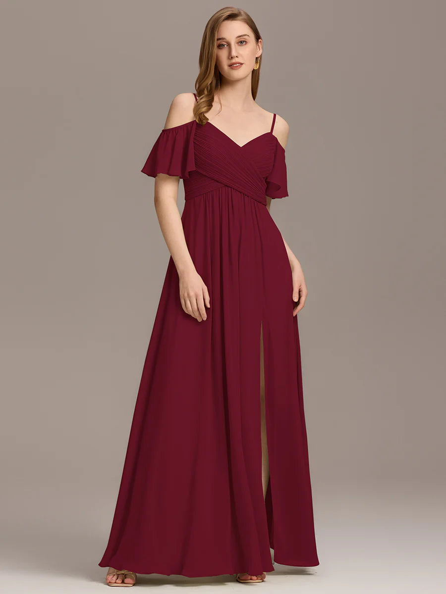 Short Sleeve Off Shoulder Pleated A-Line Split Floor-Length Bridesmaid Dresses