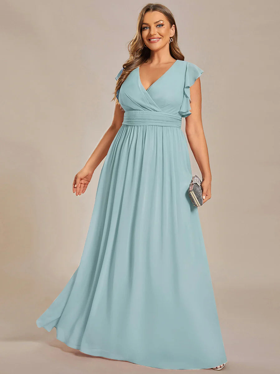 Plus V Neck Pleated Belted Ruffles Wholesale Bridesmaid Dresses