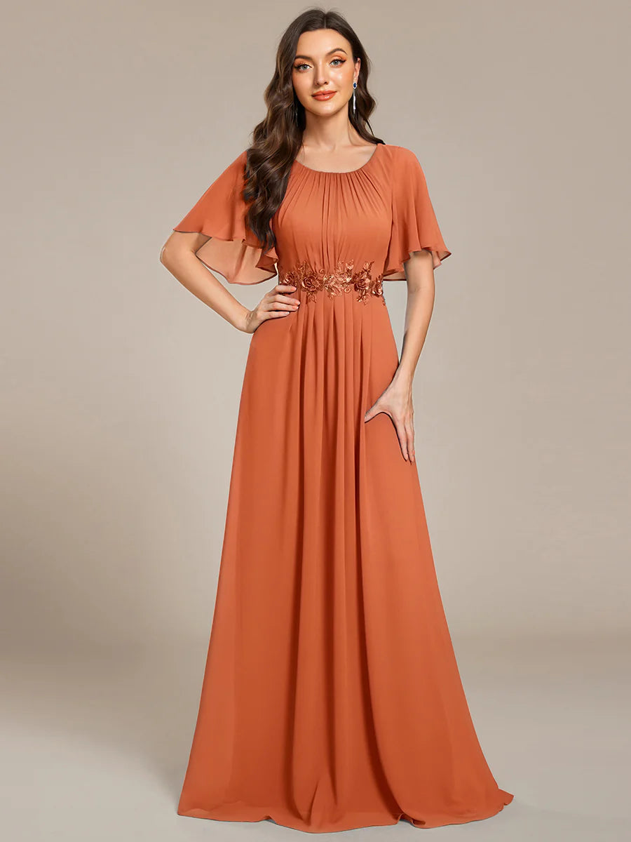 Short Sleeves Pleated Applique A-Line Floor-Length Formal Evening Dress