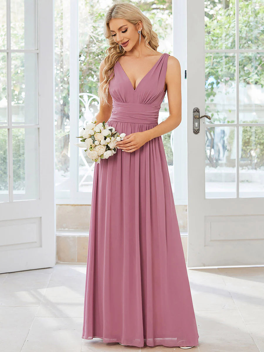 Elegant Double V-Neck Maxi Long Wholesale Bridesmaid Dresses