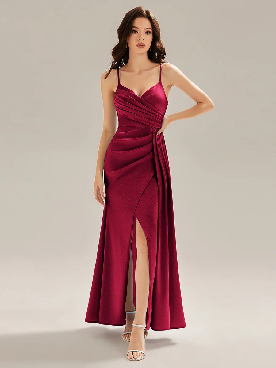 Sleeveless Deep V-Neck Gathered Jumpsuit with Flowing Ribbons Evening Dresses