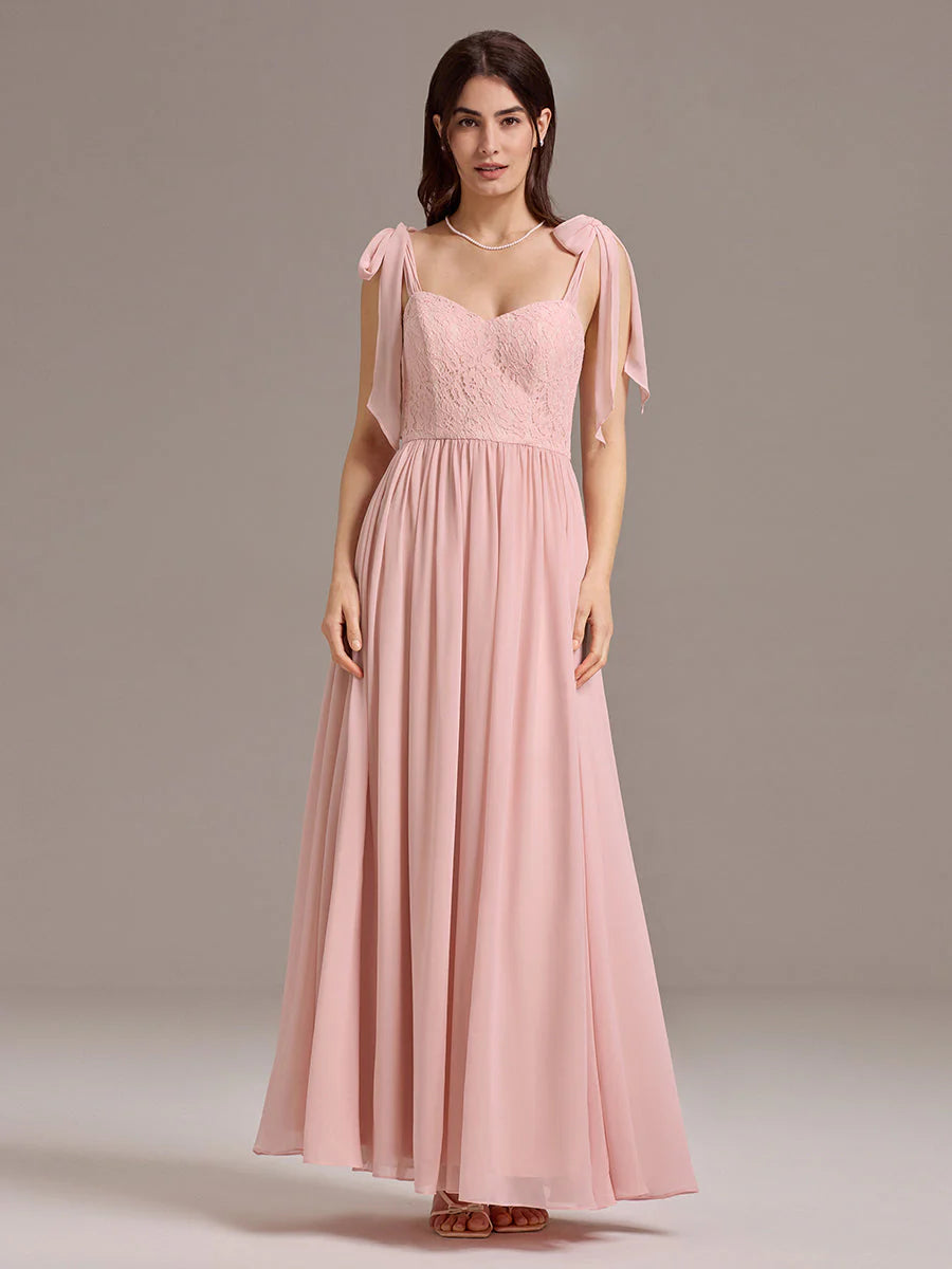 Chiffon Sweetheart Neck Bow Tie Backless A-Line Lace Bridesmaid Dress