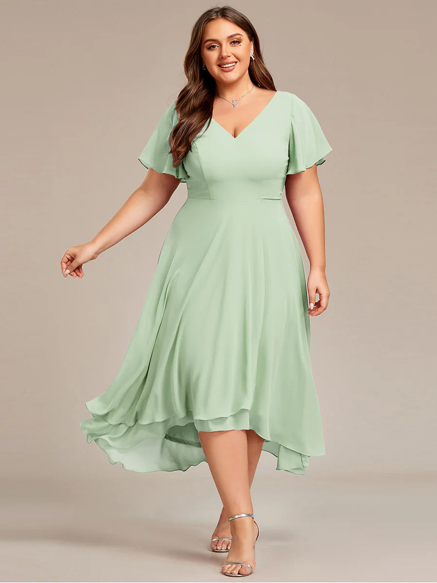 Plus Size V-Neck High Low CHiffon Ruffles Wholesale Evening Dresses