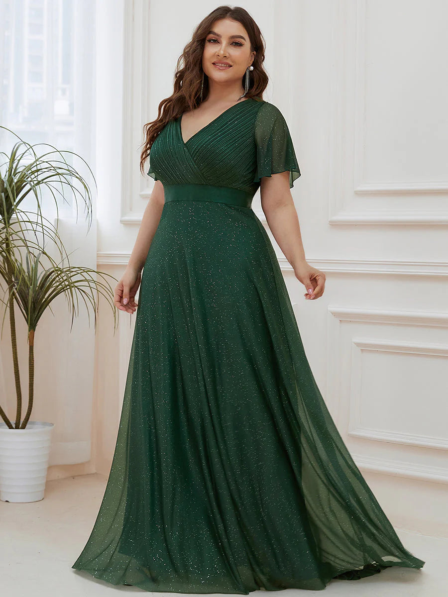 Plus Size Deep V Neck Ruffles Sleeve A Line Wholesale Evening Dresses