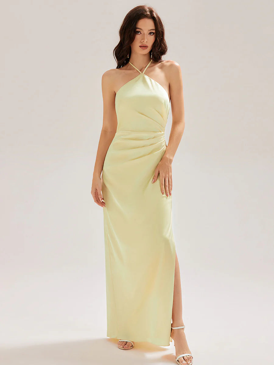 Sleeveless Halter Neck Sheath Floor Length Dress with Thigh-High Slit, Bridesmaid Dresses