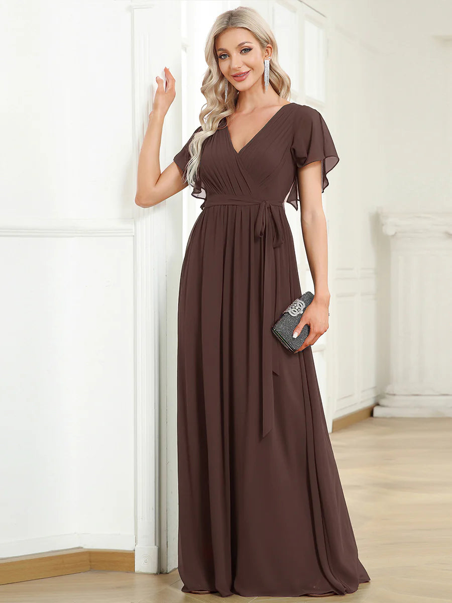 Short Sleeve Ruffle Deep V-Neck A-Line Floor Length Evening Dresses