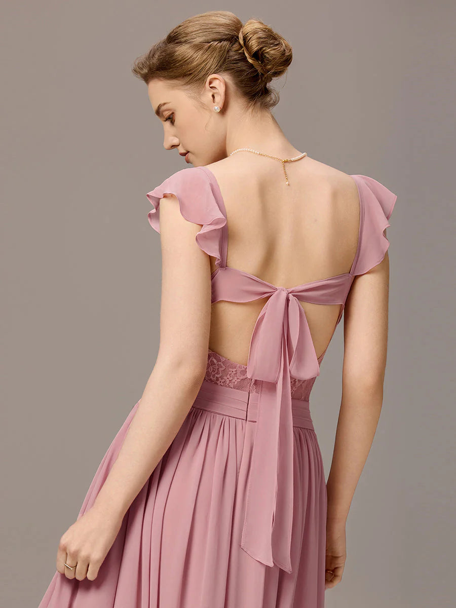 Wholesale Custom Made Back-Tie Pleated Ruffles Sleeves Bridesmaid Dress