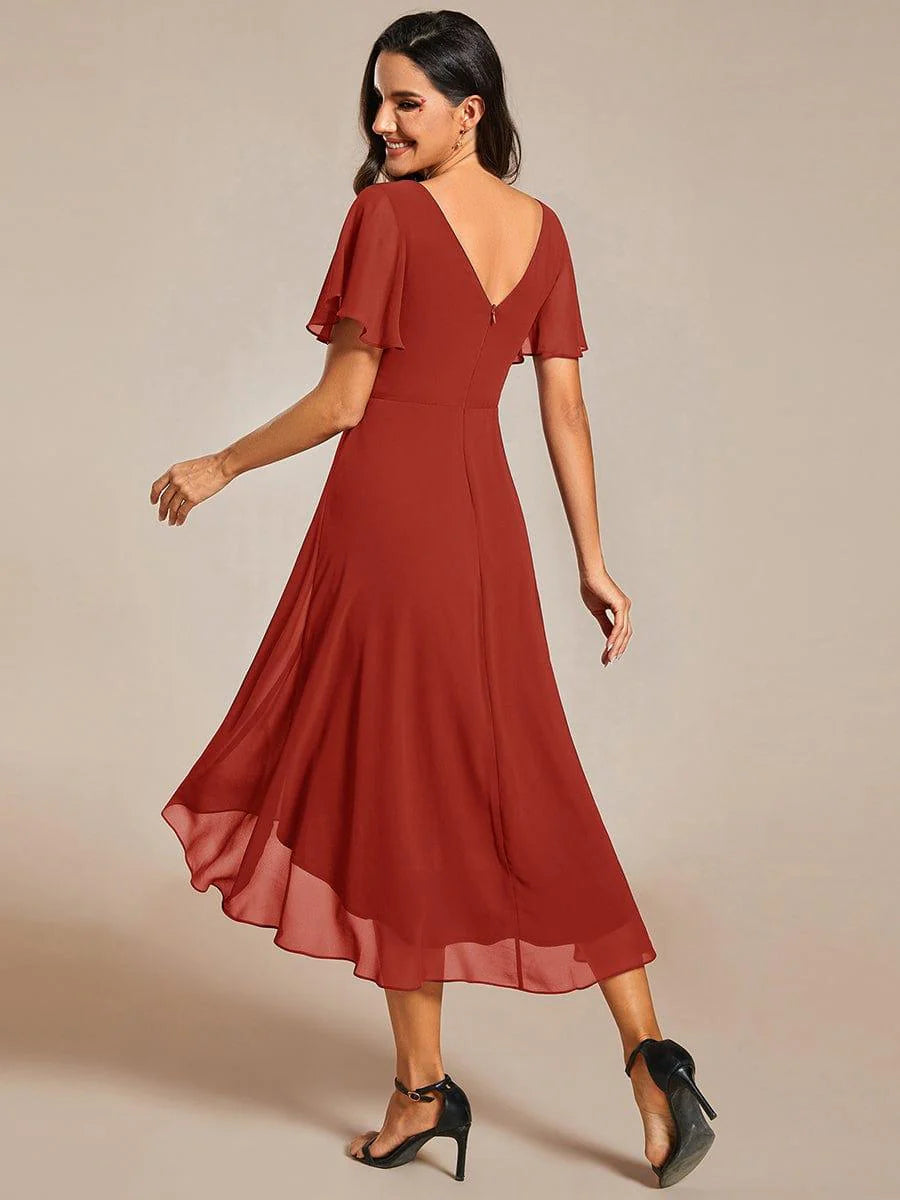 Chic V Neck High-Low Short Sleeve Wedding Guest Dress