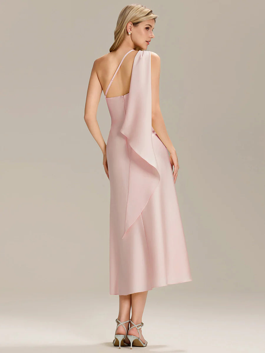 One Shoulder Gathered Non-Stretch Midi Wrap Wedding Guest Dresses