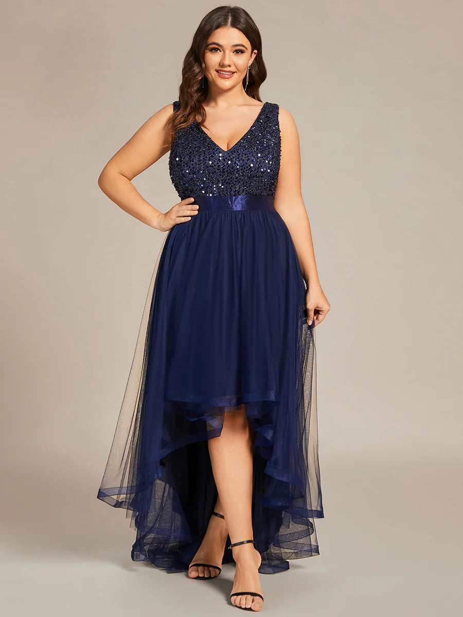 Plus Size Sparkling Wholesale Evening Dresses with Asymmetrical Hem Deep V Neck