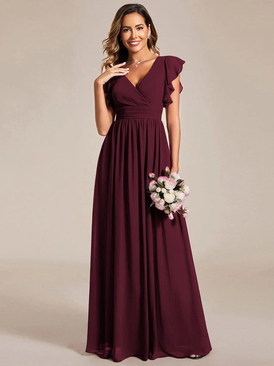 Ever LILYANA|Elegant V-Neck Open Back Ruffled Sleeves Chiffon Bridesmaid Dress