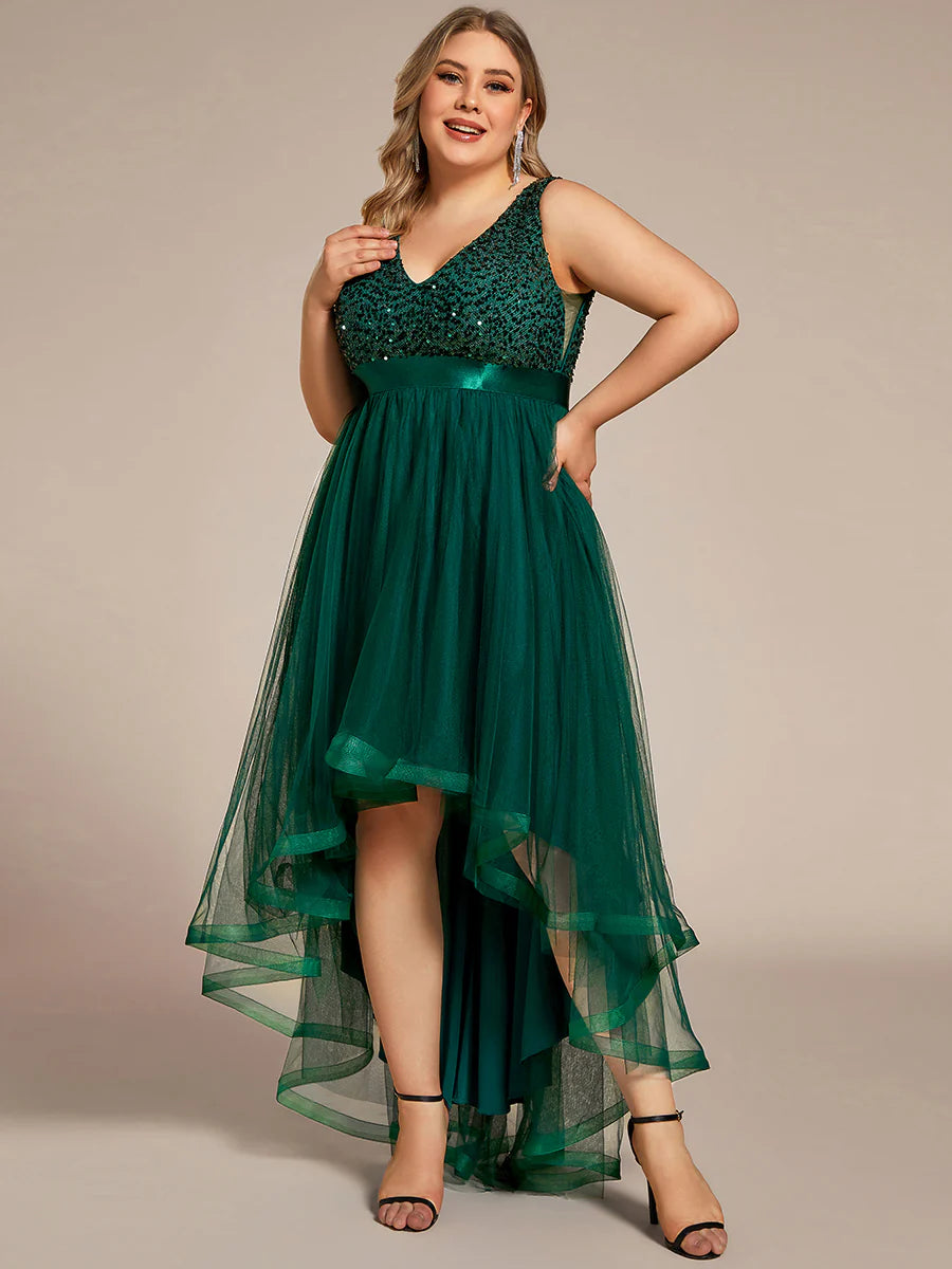 Plus Size Sparkling Wholesale Evening Dresses with Asymmetrical Hem Deep V Neck