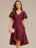 Bulk Order Short Sleeve Ruffle Sequin Deep V-Neck High-Low Formal Dresses