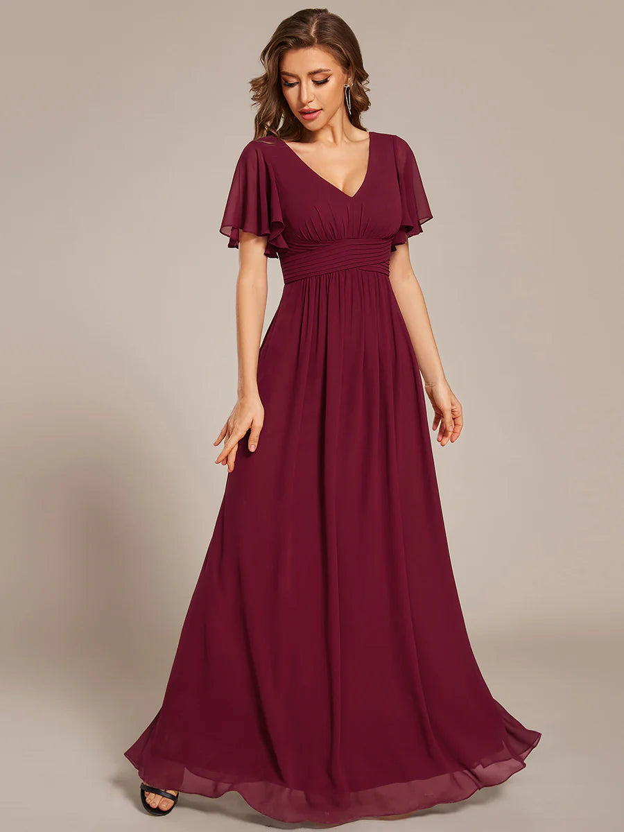 Ruffles Sleeves Chiffon Bridesmaid Dresses with Back Frenulum Knotting