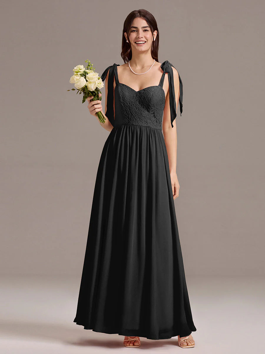 Chiffon Sweetheart Neck Bow Tie Backless A-Line Lace Bridesmaid Dress