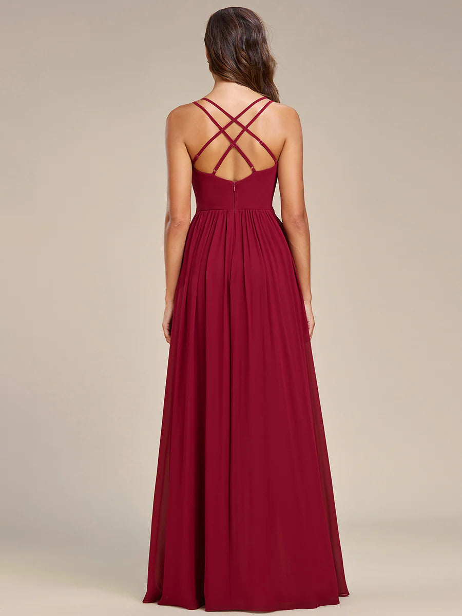 Spaghetti Straps Slit A-Line Wholesale Chiffon Bridesmaid Dress With Ruffle Detail