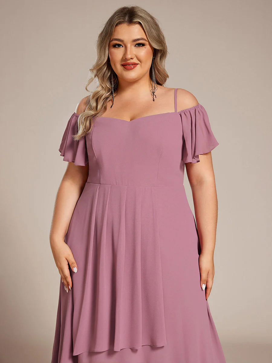 Plus Size Chiffon Spaghetti Strap Cold Shoulder Tea Length Wedding Guest Dress