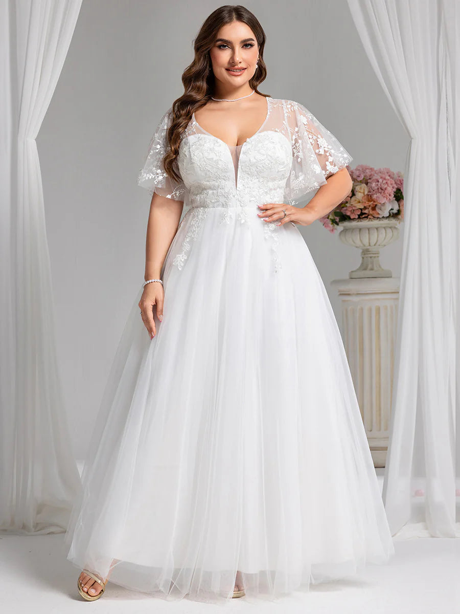 V-Neck Short Sleeves A-Line Floor-Length Wedding Dress with Embroidery