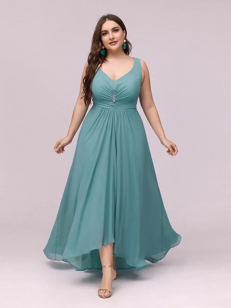 Double V Neck Rhinestones Ruched Bust High Low Evening Dresses