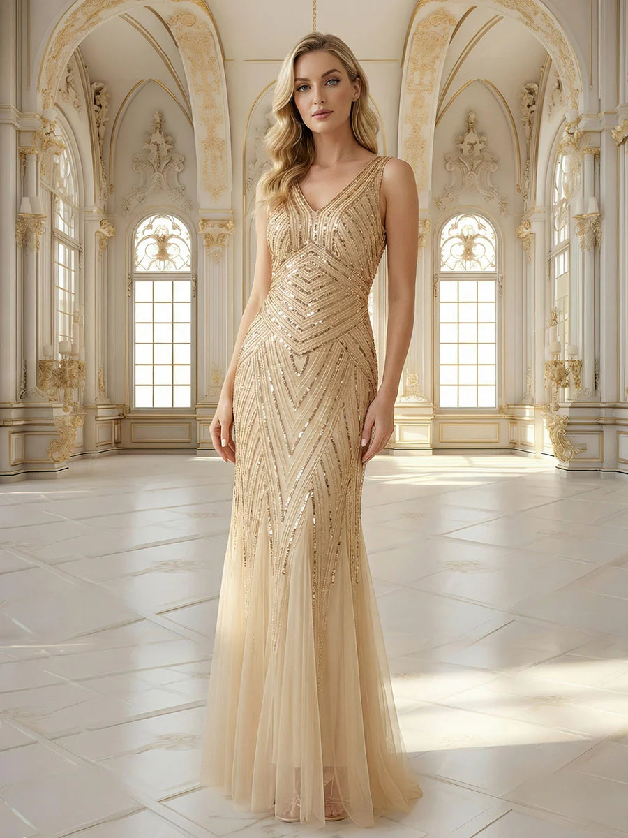 Commercial Wholesale Sleeveless High Stretch Fishtail Beaded V-Neck Evening Dresses
