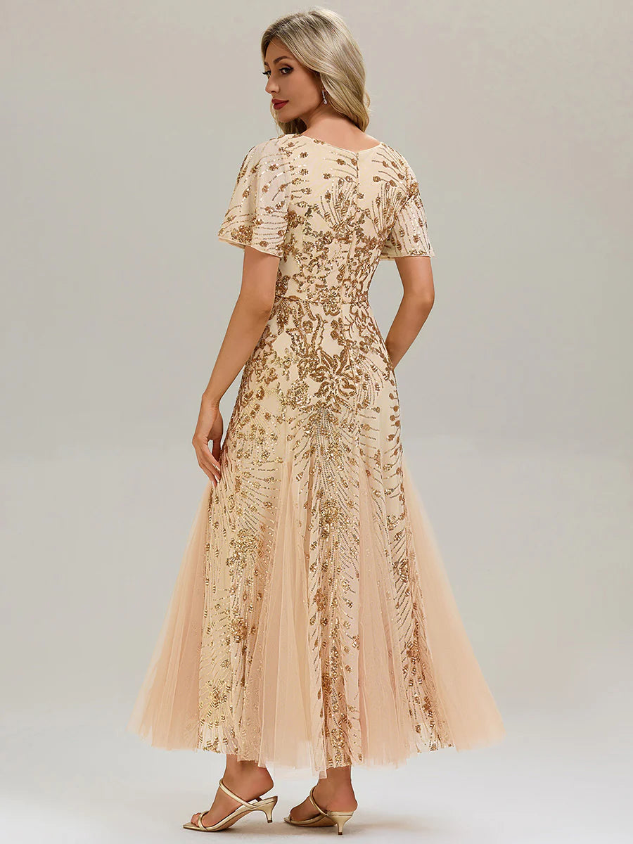 Short Sleeve Ruffle Sequin V-Neck A-Line Maxi Evening Dresses