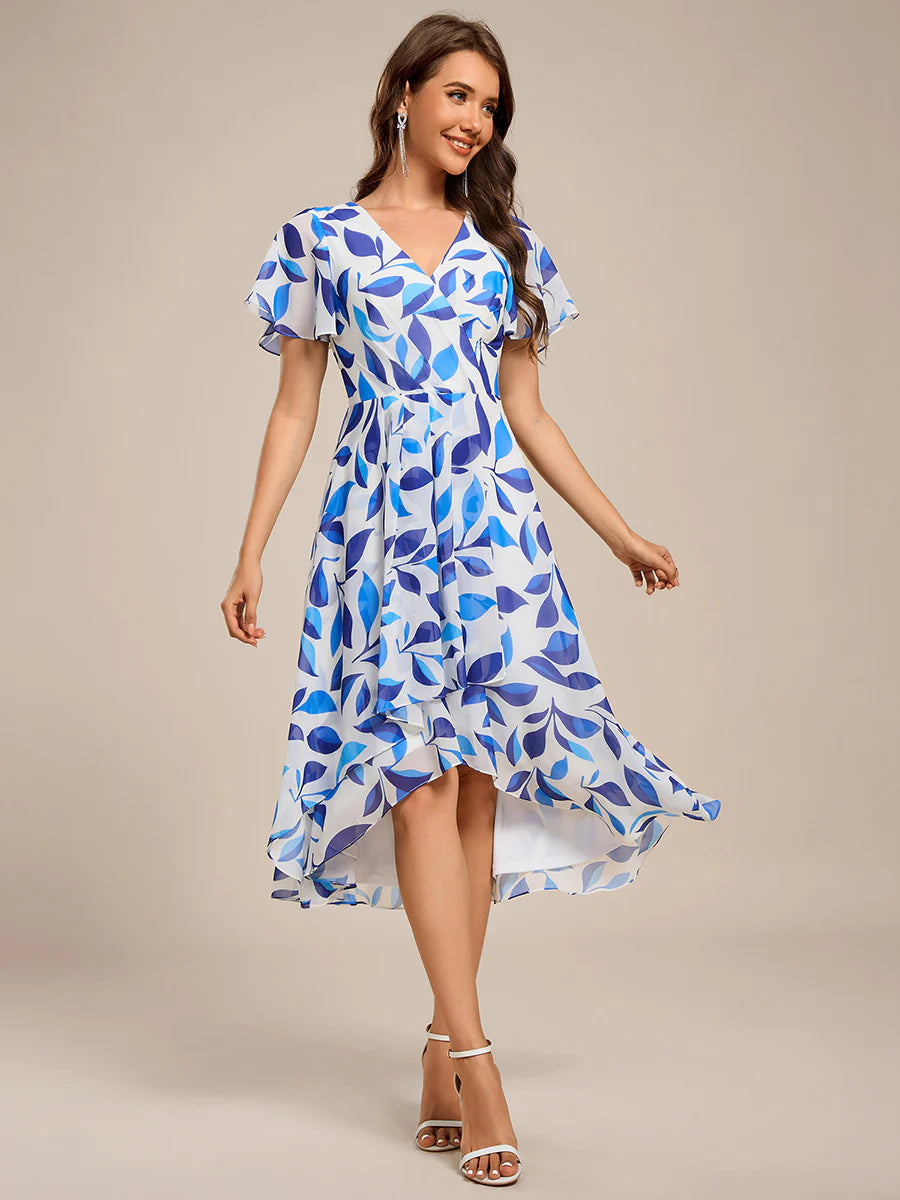 Short Sleeve Ruffled V-Neck Pleated Asymmetrical Midi Wedding Guest Dresses