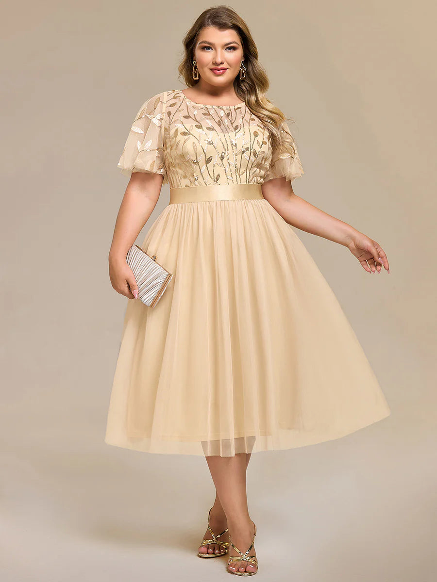 Bulk Order | Plus Size Fit A-Line Deep V-Neck Evening Gown | Ruffled Short Sleeve Midi Dress