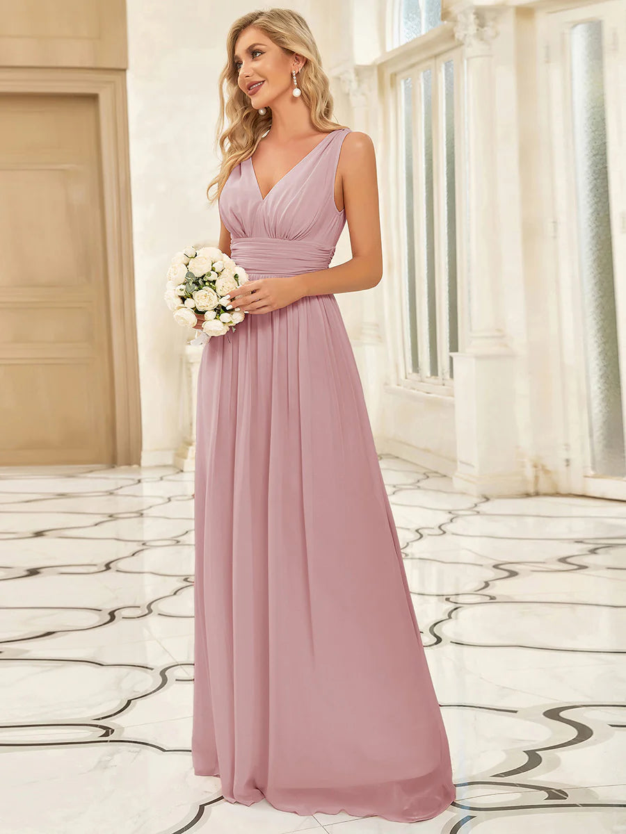 Elegant Double V-Neck Maxi Long Wholesale Bridesmaid Dresses