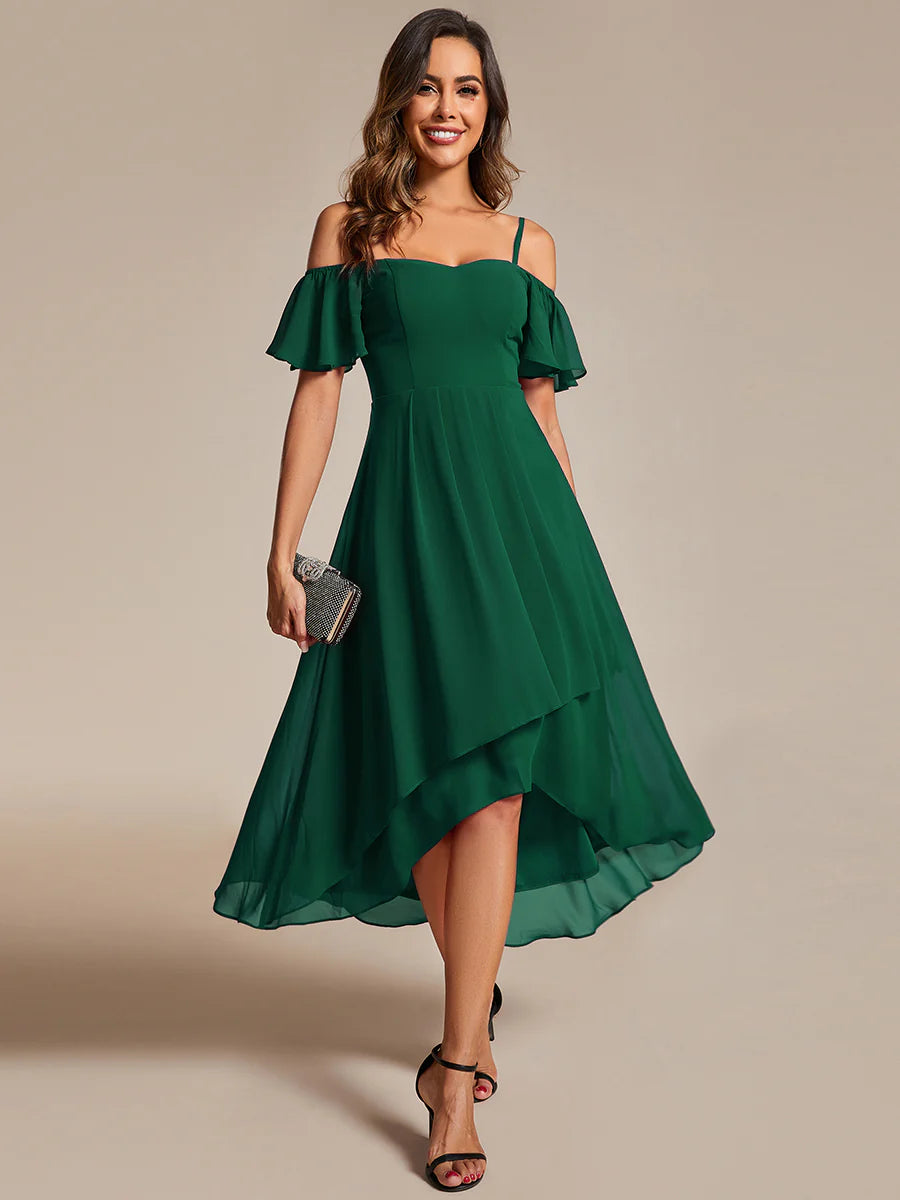 Chiffon Spaghetti Strap Cold Shoulder Tea Length Wedding Guest Dress