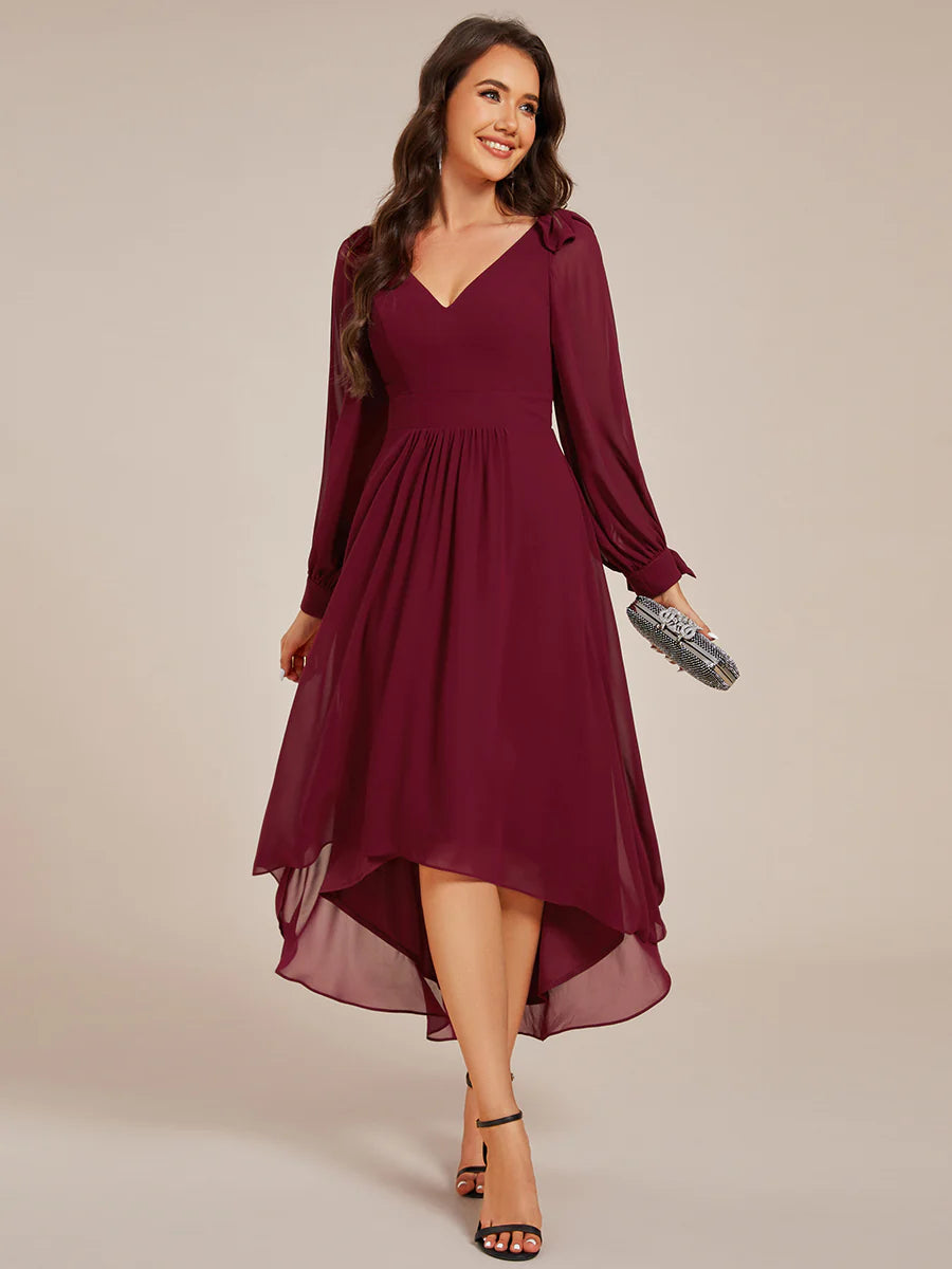 Elegant Butterfly Design Long Sleeves Midi Length A-Line Asymmetrical Hem Chiffon Dresses