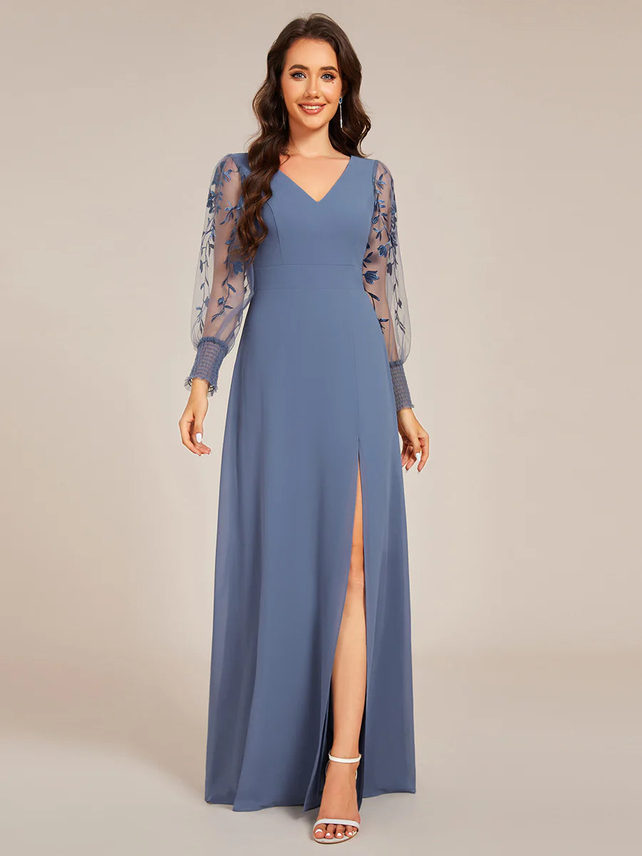 Elegant Embroidery See-Through Design Long Sleeves Floor Length Side Split Hem Chiffon Evening Dresses