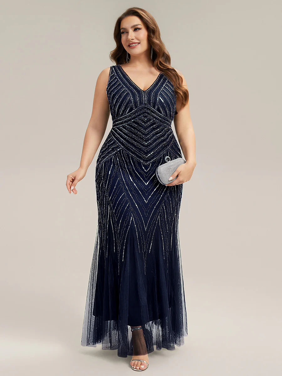Commercial Wholesale Sleeveless High Stretch Fishtail Beaded V-Neck Evening Dresses