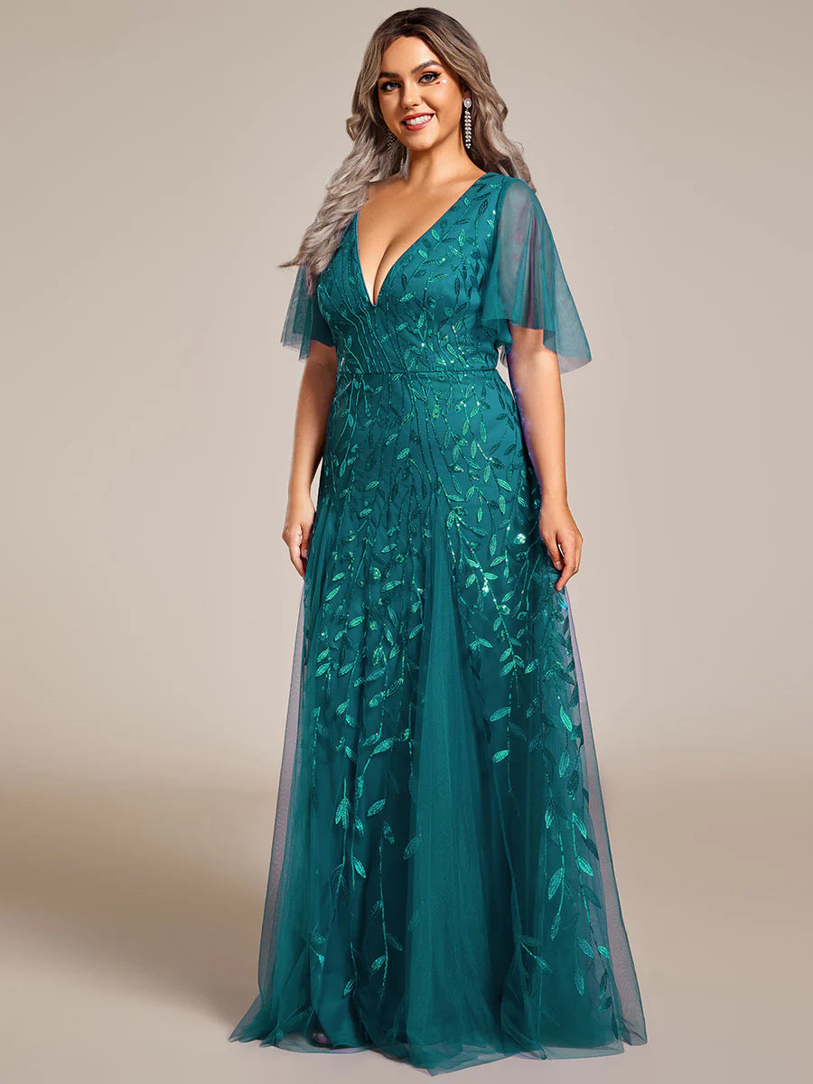 Plus Size Deep V Neck Wholesale Sequin Evening Gown With Short Sleeves