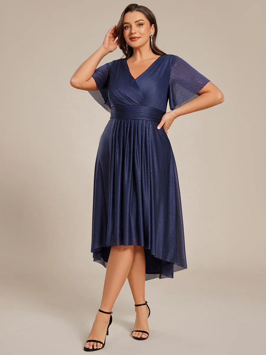 Plus Size Short Sleeve Ruffled Pleated V-Neck A-Line Midi Wedding Guest Dresses