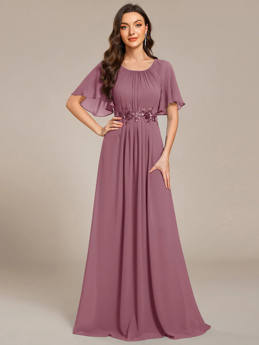 Short Sleeves Pleated Applique A-Line Floor-Length Formal Evening Dress