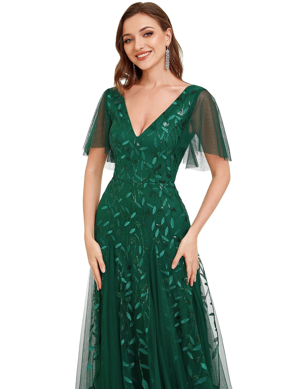 Deep V Neck Wholesale Sequin Evening Gown With Short Sleeves