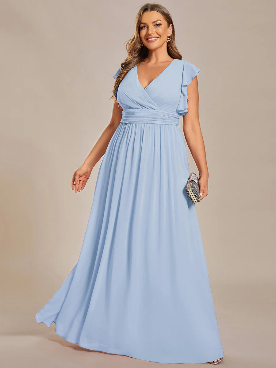 Plus V Neck Pleated Belted Ruffles Wholesale Bridesmaid Dresses