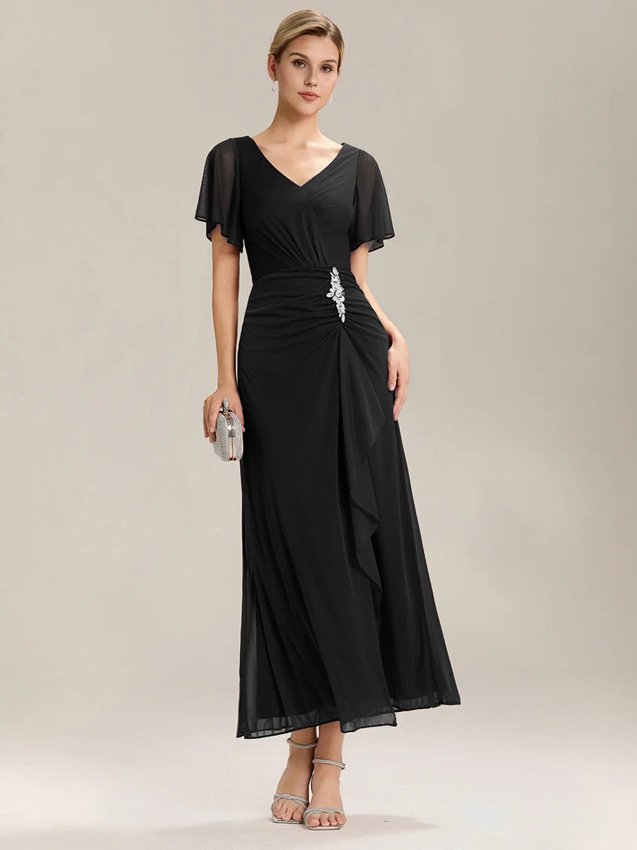 Short Sleeve Ruffle Deep V-Neck A-Line Maxi Dress with Slit Mother of the Bride Dresses