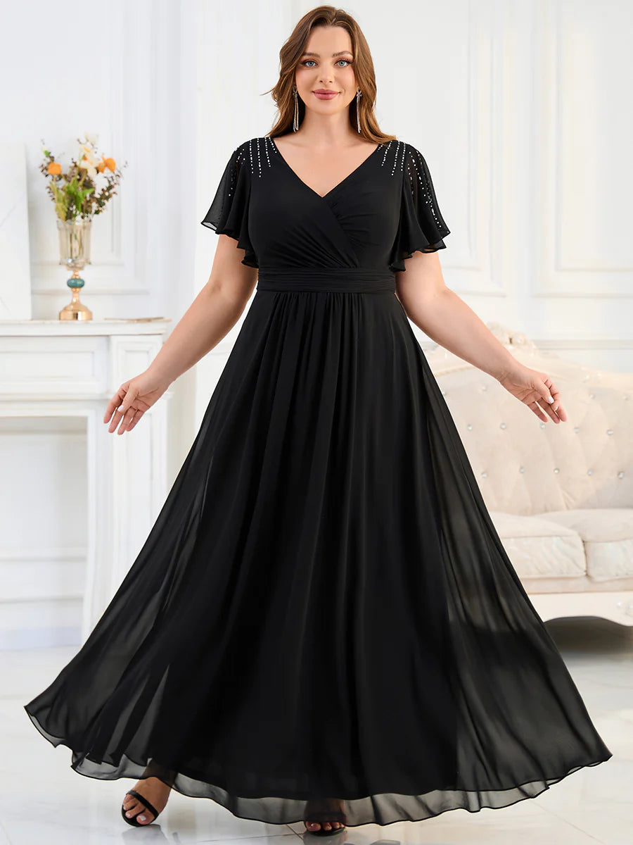 Plus Size Short Sleeve Ruffle V-Neck Pleated A-Line Floor Length Evening Dresses