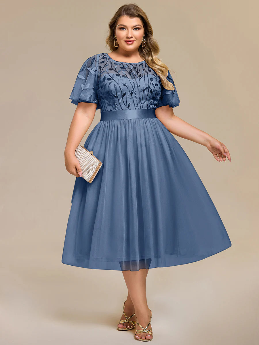 Bulk Order | Plus Size Fit A-Line Deep V-Neck Evening Gown | Ruffled Short Sleeve Midi Dress