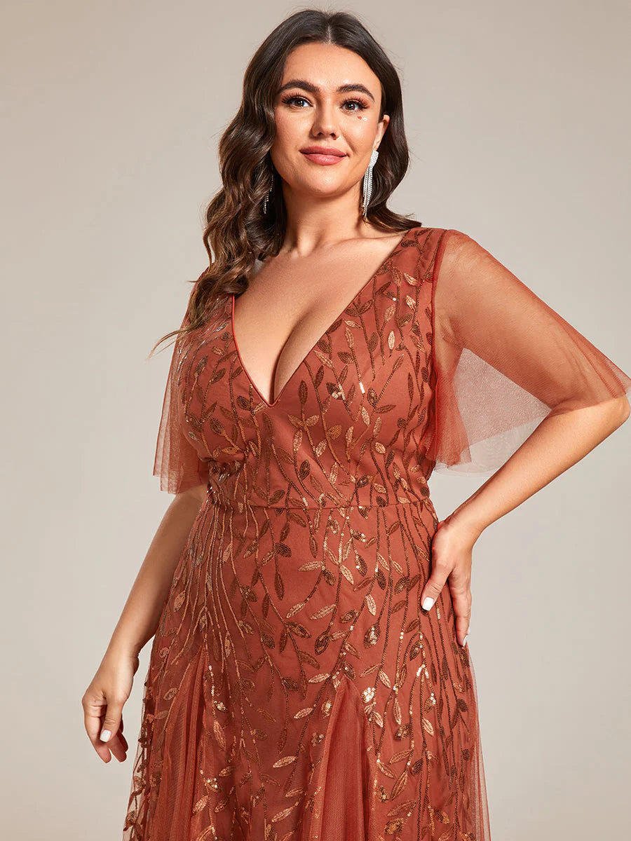 Plus Size Deep V Neck Wholesale Sequin Evening Gown With Short Sleeves